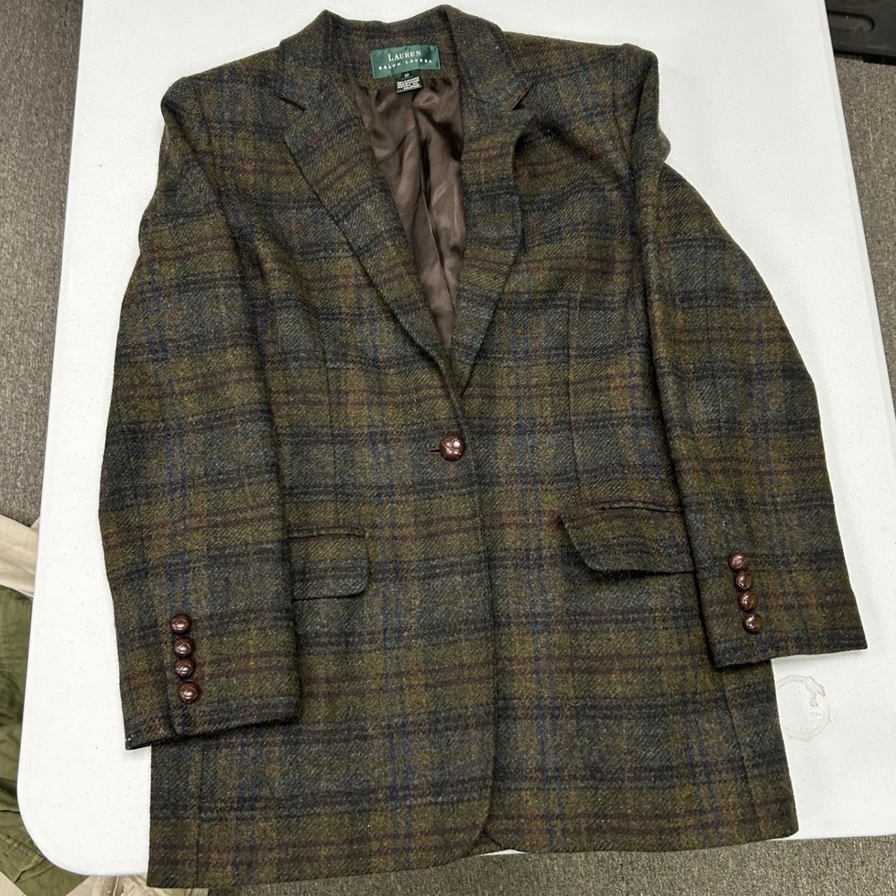 Lauren Ralph Lauren Blazer Womens 10 Olive Brown Plaid Single Button Wool Blend